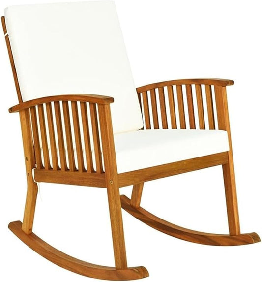 Pemberly Row Acacia Wood Patio Rocking Chair with Cushion, Natural Finish, 35.5" L x 25" W x 36.5" H, Rustic Design, Ergonomic Backrest, Washable Covers, Outdoor Garden Porch Deck Seating