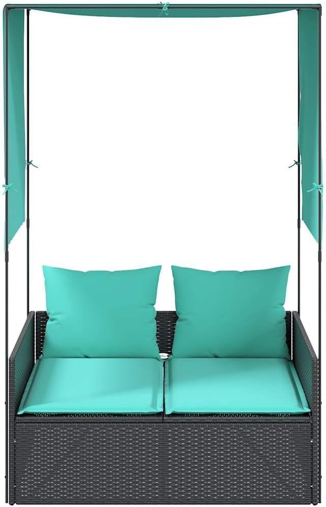 Patio Double Sun Lounger Black PE Rattan, Powder-Coated Steel Frame, Adjustable Canopy, Privacy Curtains, UV-Resistant Outdoor Recliner Outdoor Chaise