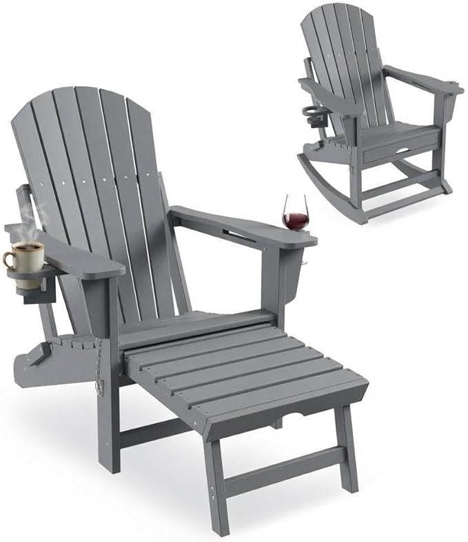 GAOMON 4-in-1 Folding HDPE Adirondack Chair with Retractable Ottoman & Removable Rocking Base, All-Weather Outdoor Patio Chair with Large Cup Holder, 400lbs Capacity, for Garden Lawn, Grey
