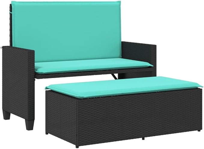 Garden Bench Deck Bench Patio Bench with Cushions and Footstool Black Poly Rattan - Photo 2