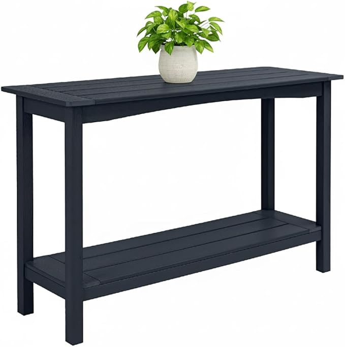 Weatherproof HIPS Outdoor Console Table, 48'' 2-Shelf Side Table Indoor/Outdoor Use, Multifunctional Buffet Table Bar Storage Organizer for Entryway,Yard, Outside Plant Stand Table, Black