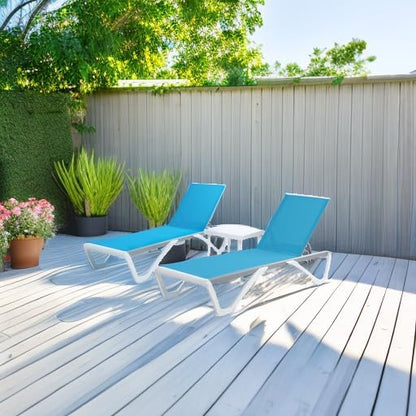 Kozyard Outdoor Chaise Lounge Chair, Full Flat Adjustable Patio Lounger with Aluminum Frame & Resin Legs, Textilene Fabric for Poolside, Backyard & Beach (Aqua/WhiteFrame, 2Chairs + Table)