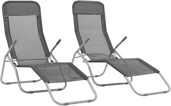 Folding Sun Lounger Set of 2, Adjustable Reclining Outdoor Chaise Lounge Chairs with Breathable Textilene Fabric for Patio Garden Poolside Beach, Anthracite, Supports 265 lbs, No Assembly Required