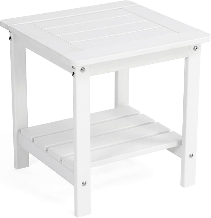 Kibaso-Adirondack Outdoor Side Table, 2-Tier HDPE Outdoor End Table, Weather Resistant Easy Maintenance, Small Patio Side Table for Patio, Pool, Porch, Garden, Lawn, and Living Room (1, White)