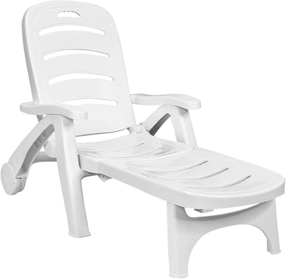 LDAILY Moccha Plastic Folding Lounge Chair, 5-Position Adjustable Chaise Lounge with 2 Rolling Wheels, Armrest, Outdoor Chaise Chair for Patio, Beach, Backyard, Poolside, Home (1, White)