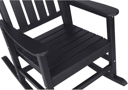 Outdoor Rocking Chair Set with Side Table, 3-Piece Rocking Chair Set with Wood-Texture,All Weather-Resistant,Black (Black + HDPE)