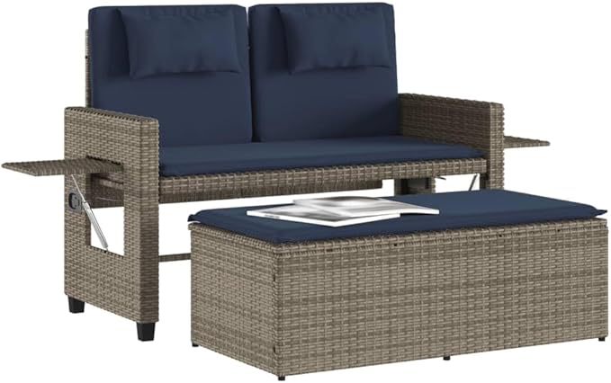 Reclining Patio Bench with Cushions Gray Poly Rattan Garden Bench Outdoor Bench Porch Bench Deck Bench for patios - Photo 3