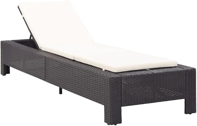 Outdoor Sunbed with Adjustable Backrest, Black PE Rattan Sun Lounger and Cream White Cushion for Patio, Poolside, Garden, Durable Weather-Resistant Chaise Lounge for Relaxing
