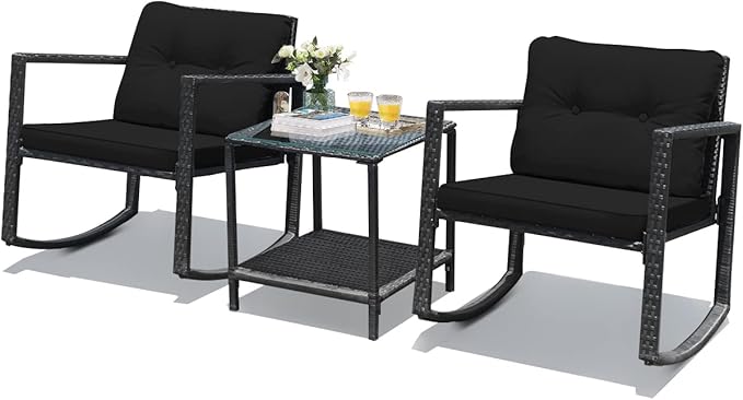 HAPPYGRILL 3-Piece Rocking Bistro Set Outdoor Patio Conversation Set with Rocking Chairs and Coffee Table - Photo 1