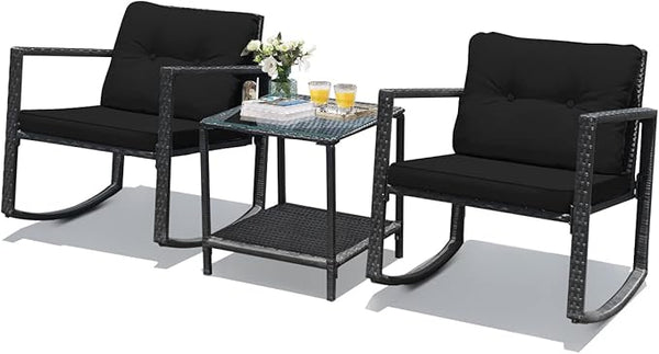 HAPPYGRILL 3-Piece Rocking Bistro Set Outdoor Patio Conversation Set with Rocking Chairs and Coffee Table - Photo 1