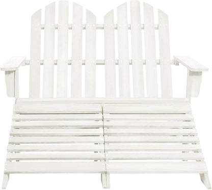 White Fir Wood 2-Seater Ergonomic Adirondack Chair with Ottoman for Outdoor Patio Garden Lounge Relaxation Comfortable Durable Furniture