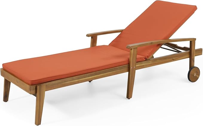 Outdoor Chaise Lounge Chair, Pool Lounge Chairs with Wheels, 5-Position Adjustable Backrest & Wood Frame - Photo 1