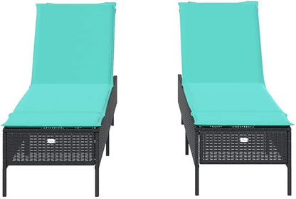 2-Pack Outdoor Chaise Lounge Black Poly Rattan 77.9x21.7x38.2 inch 5-Position Reclining Poolside Sun Lounger with Removable Cushions for Patio Garden Balcony