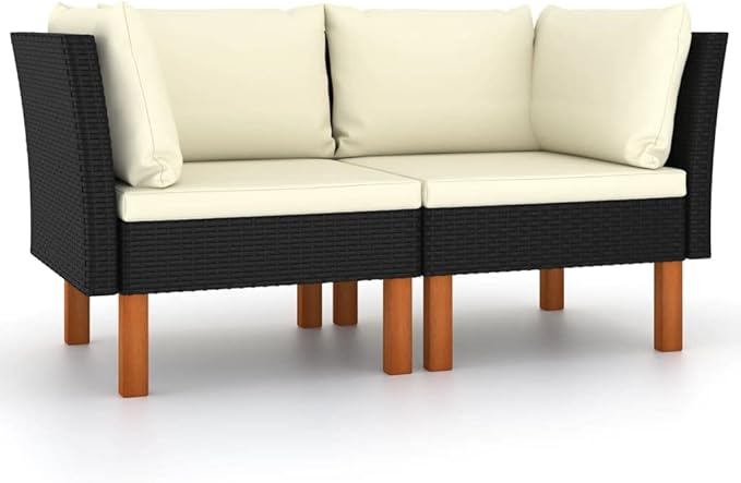 2-Piece Square Outdoor Sofa Black PE Rattan Modular Loveseat Set 25.4"x25.4"x26.4" Lightweight Cushions for Balcony Garden Porch Poolside