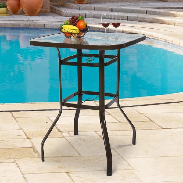 Outdoor Bar Table with Umbrella Hole, End Table with Glass Top, Patio Coffee Bistro Table for Indoor Garden Porch Balcony (Brown, Square 31x31x40in)