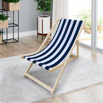 Populus Wood Sling Chair Blue Stripe Folding Chaise Lounge Chair for Outdoor Beach Pool Patio Dark Blue Adjustable Recliner No Assembly Needed