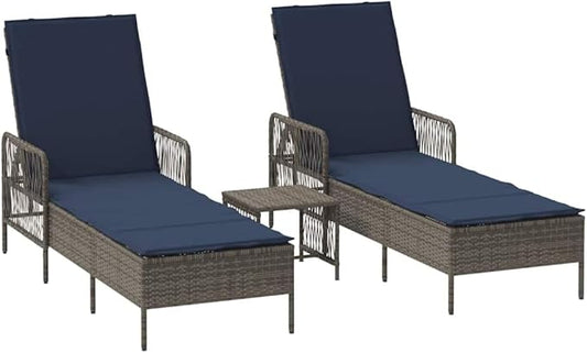 3-Piece Outdoor Lounge Set in Grey-Navy Poly Rattan, 78.74 inch Reclining Chaise w Adjustable Backrest, All-Weather Frame & Table, for Poolside Garden Patio and Balcony