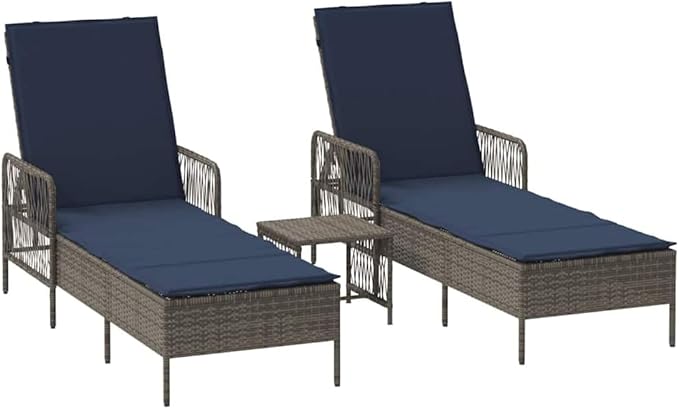 Sun Lounger Set for Patio, 2 Gray Poly Rattan Chaise Lounge Chairs 13.8 x 13.8 x 12.6 in with Adjustable Backrest - Photo 2