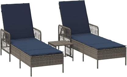 3-Piece Outdoor Lounge Set Grey-Navy Poly Rattan Adjustable Chaise 78.74x21.65x36.22 in with Side Table Cushions Modern Sun Lounger Chairs for Patio Pool Deck Backyard