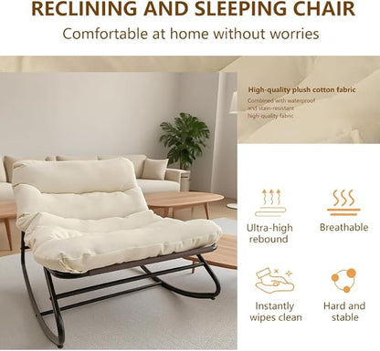Outdoor Papasan Rocking Chair with Cushion, Oversized Patio Lounge Rocker, Heavy Duty 350 lbs Capacity, Comfortable Indoor & Outdoor Chair for Garden, Lawn, Bedroom, Living Room, White