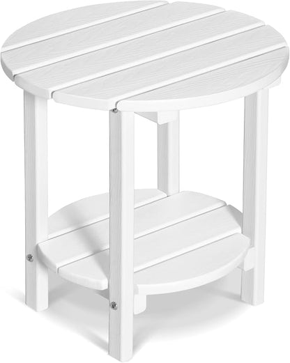 2 Tier Round Outdoor Side Table with Wood-Like Grain, 17.7" HDPE Adirondack Table Patio Side Table, Weather Resistant End Table for Pool, Patio & Porch, Small Outdoor Table (White, Round)
