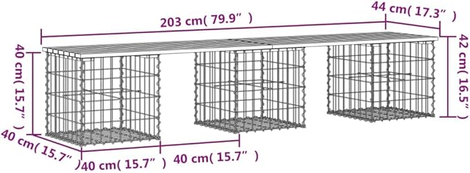 Garden Bench Natural Wood and Silver with Gabion Basket Base for Outdoor Seating 3-Person Capacity Solid Pine Wood and Galvanized Steel Construction for Patio Garden Balcony