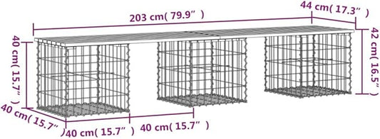 Garden Bench Natural Wood and Silver, Solid Pine Wood and Galvanized Steel Gabion Basket Base, Rustic Outdoor Seating for Patio Garden Balcony, Comfortable 3-Person Capacity,