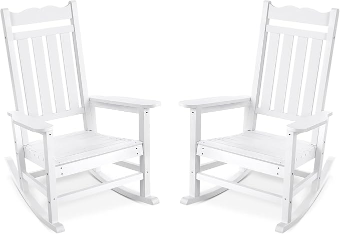 Stoog Set of 2 Outdoor Rocking Chairs, HIPS Plastic Porch Rocker with 400 lbs Weight Capacity, for Backyard, Fire Pit, Lawn, Garden and Indoor, White