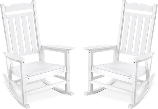 Stoog Set of 2 Outdoor Rocking Chairs, HIPS Plastic Porch Rocker with 400 lbs Weight Capacity, for Backyard, Fire Pit, Lawn, Garden and Indoor, White