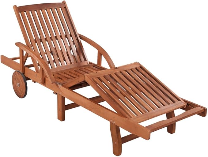 Brown Acacia Wood Outdoor Sun Lounger Set of 2 with Rolling Wheels, 5-Position Reclining Chaise - Photo 4