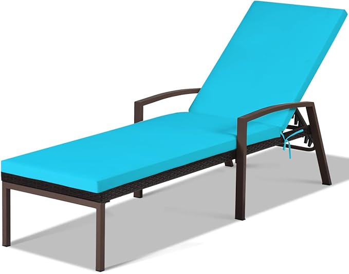 COSTWAY PE Rattan Lounge Chair Outdoor, Patio Wicker Chaise Lounge with 5-Position Adjustable Backrest, Soft Cushion & Arm Rest, Pool Lounger for Poolside, Deck, Backyard (Turquoise)