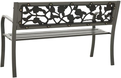 Vintage Rose Pattern Garden Bench 3-Seater Steel Grey Powder-Coated Steel Outdoor Patio Furniture for Balcony Durable Weather Resistant