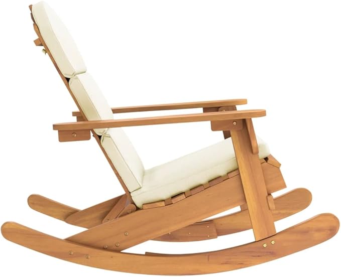 Outdoor Rocking Chair, Solid Acacia Wood Porch Rocker with Comfortable Cream White Cushions, Weather-Resistant Patio Furniture for Garden, Backyard, and Balcony