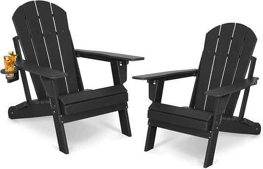 Okeysen Adjustable Adirondack Chair Set of 2 Folding Plastic Outdoor Fire Pit Chair Weather Resistant 3-Positons Patio Chair with Cup Holder for Outdoor Porch Garden Backyard Deck and Pool, Black