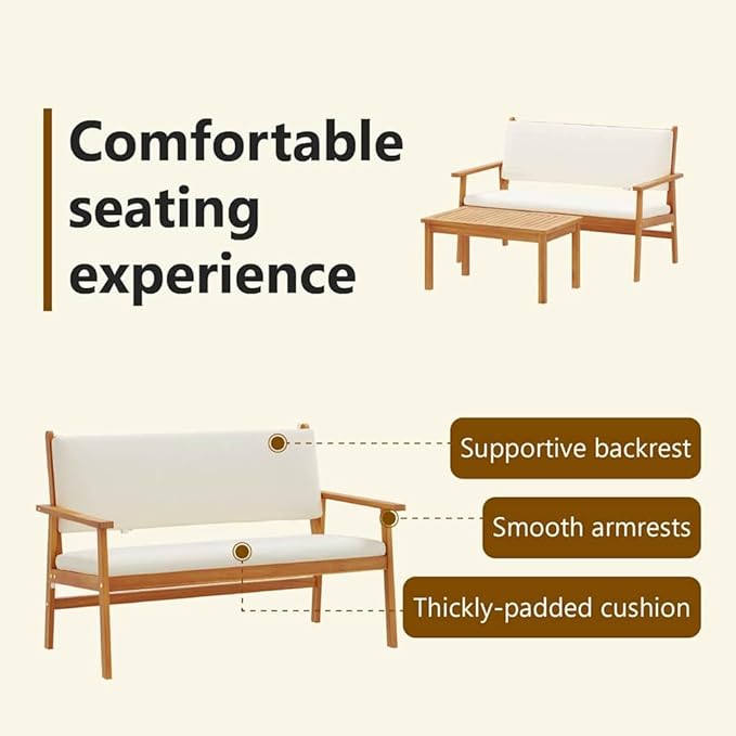 vidaXL Cream White Outdoor Bench Set with Cushions Acacia Wood Patio Furniture for Balcony and Garden Comfortable Seating 2 People Stylish Coffee Table Cozy Cushioned Modern Design Living Space.