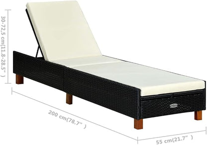 (Fast Delivery) Outdoor Chaise Lounge, Sun Lounger, for Deck,Indoor,Yard,Balcony, Garden,Sandy Beach Sunbed with Cushion Poly Rattan Black