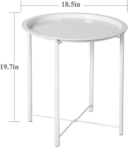 VECELO Side/End Table, Folding Round Metal Anti-Rust and Waterproof Outdoor or Indoor Tray for Living Room Bedroom Balcony and Office, 1 PCS, Beige