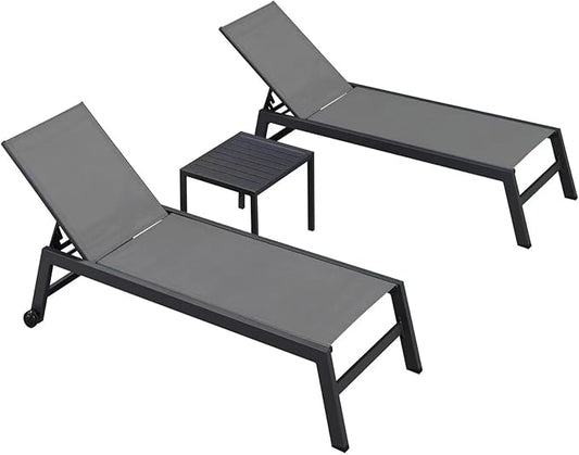 PURPLE LEAF Oversized Patio Lounge Chairs Set of 2 with Side Table Extra Wide Aluminum Adjustable Reclining Chaise Lounge with Wheels Heavy Duty Textilene for Poolside Backyard Beach Grey