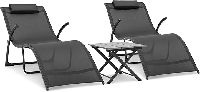 Magshion Outdoor Chaise Lounge Chair Set of 2 with Folding Side Table, Patio Pool Lounger Chairs with Pillows and Armrests, Tanning Recliner for Sunbathing, Beach, Deck, Lawn, Yard, Poolside, Black