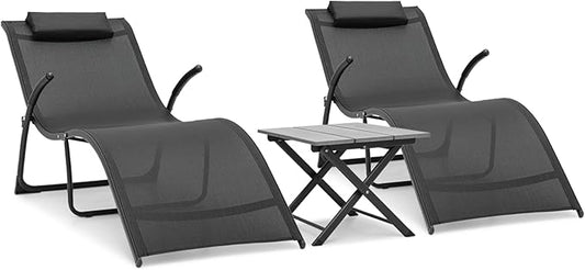 Magshion Outdoor Chaise Lounge Chair Set of 2 with Folding Side Table, Patio Pool Lounger Chairs with Pillows and Armrests, Tanning Recliner for Sunbathing, Beach, Deck, Lawn, Yard, Poolside, Black