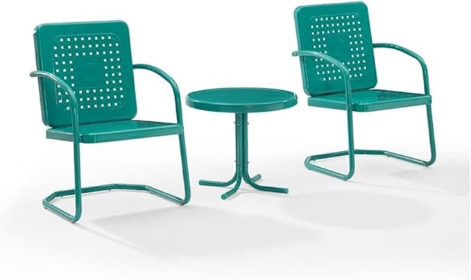 Pemberly Row 3 Piece Metal Outdoor Chair Set, Turquoise Gloss Finish, Retro Patio Furniture with Basket Weave Design, Cantilever Base Chairs and Pedestal Side Table, Weatherproof for Small Outdoor