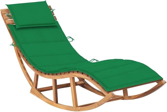 Teak Wood Sun Lounger with Green Polyester Cushion, Outdoor Rocking Chair for Patio Garden Poolside Relaxation, Solid Teak Construction, Weather Resistant