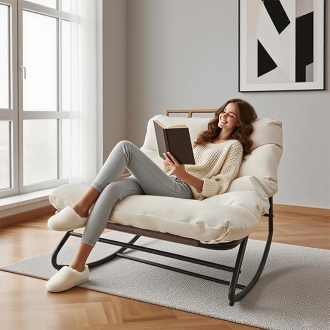 Outdoor Papasan Rocking Chair with Cushion, Oversized Patio Lounge Rocker, Heavy Duty 350 lbs Capacity, Comfortable Indoor & Outdoor Chair for Garden, Lawn, Bedroom, Living Room, White