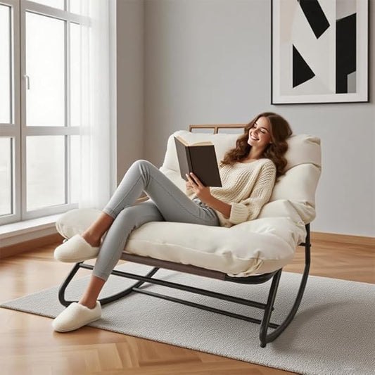 Patio Outdoor Rocking Chair,Oversized Papasan Rocking Chair with Cushion,Lounge Chair Outdoor/Indoor,Supports 450 Lbs,Comfy Chair for Garden/Lawn/Brown/Bedroom/Living Room,White