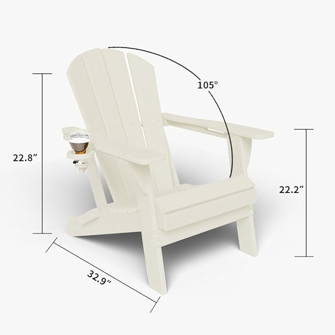 Folding Adirondack Chair with Cup Holders Set of 2, HDPE Plastic Outdoor Chairs, Weather Resistant, Real Wood Look for Patio, Deck, Fire Pit, Backyard, White
