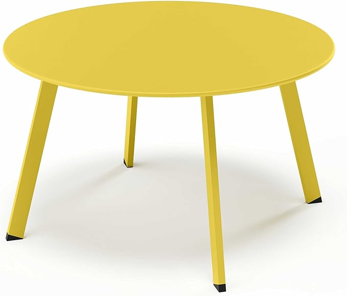 LAUSAINT HOME Patio Round Coffee Table, 27.6” Weather Resistant Heavy Duty Outdoor Metal Patio Side End Table with Square Foot for Outside Deck, Porch, Garden, Yellow