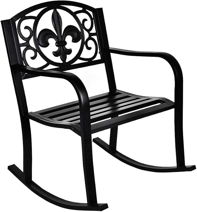 Grepatio Outdoor Patio Rocking Chair, Wrought Cast Iron Furniture Chair Metal Rocking Seat Chairs for for Deck, Backyard or Garden w/Scroll Design (Black)