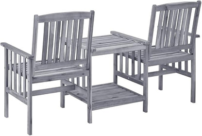 Grey Solid Acacia Wood Garden Chair Set with Tea Table and Removable Cushions, 2 Chairs and Matching Table for Outdoor Patio Furniture, Durable Rustic Design with Built-in