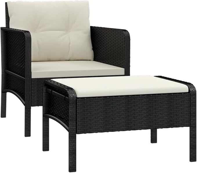2-Piece Patio Lounge Set with Cushions Black Poly Rattan Metal Frame Outdoor Furniture for Balcony Porch Garden Backyard - Photo 2
