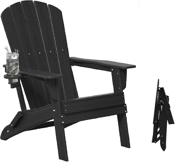 Folding Adirondack Outdoor Chairs HDPE Plastic Chair All Weather Cup Holder Black for Deck Backyard Patio Outdoor Garden - Photo 1